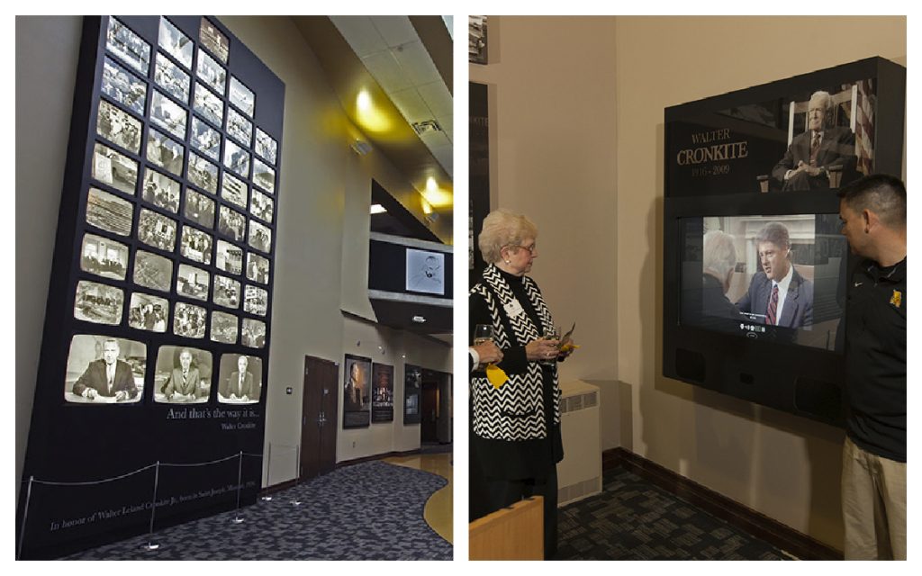 Memorial exhibit displays featuring the Walter Cronkite television wall with historic broadcast imagery and an interactive multimedia kiosk where visitors explore archival news footage.