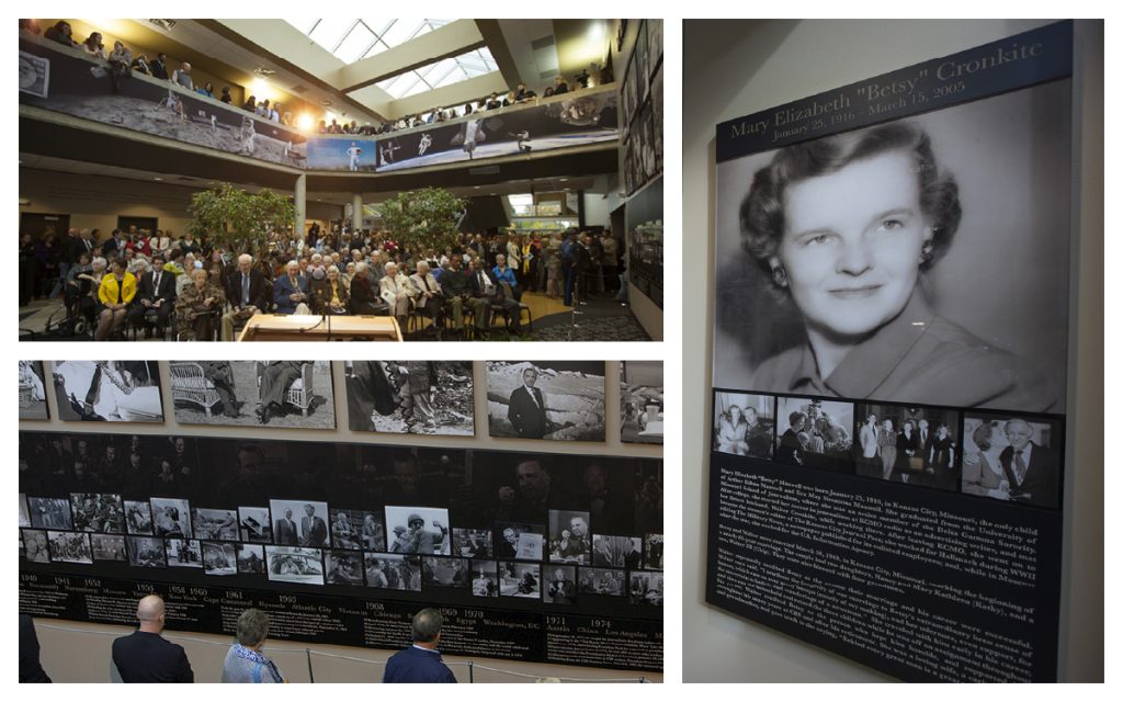 Memorial exhibit displays showcasing the Walter Cronkite Memorial dedication ceremony, interactive historical timeline, and interpretive portrait panel honoring Mary "Betsy" Cronkite.