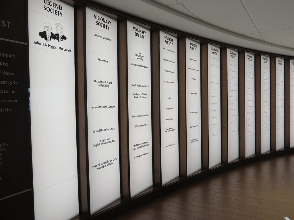 Multi-paneled, back-lit donor recognition displays with interchangeable engraved acrylic nameplates for the Blue Lobby Dedication at Riverside Methodist Hospital.
