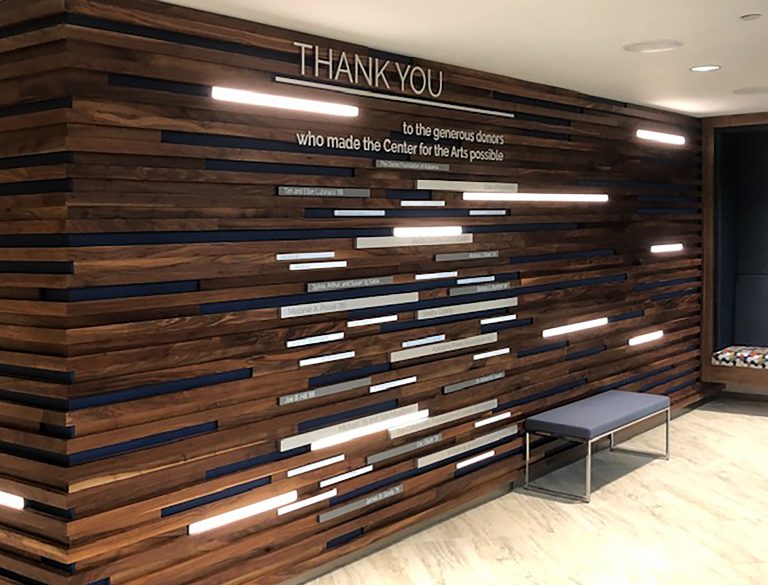 Lighted Display, Add-on Display, Wood Slat Wall, Freestanding Letters, Modern Display, Contemporary Display, Architectural Display