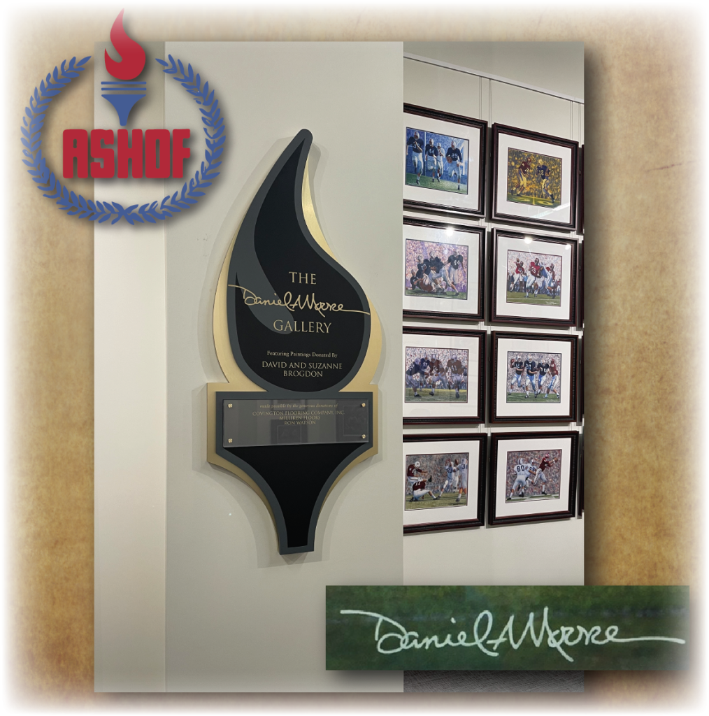 Alabama Sports Hall of Fame plaque with organizations logo and Daniel A. Moore's signature.
