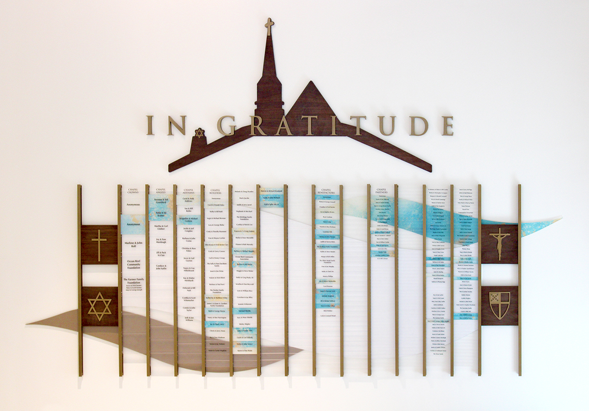 Polaris donor recognition display with architecture wave imagery for The Chapel at Ocean Reef.