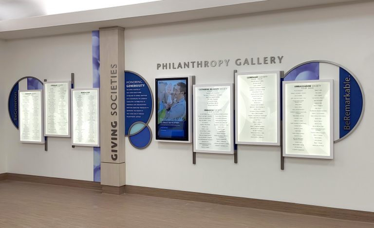 donor recognition, donor display, donor wall, cumulative campaign, interactive computer, backlighting, healthcare