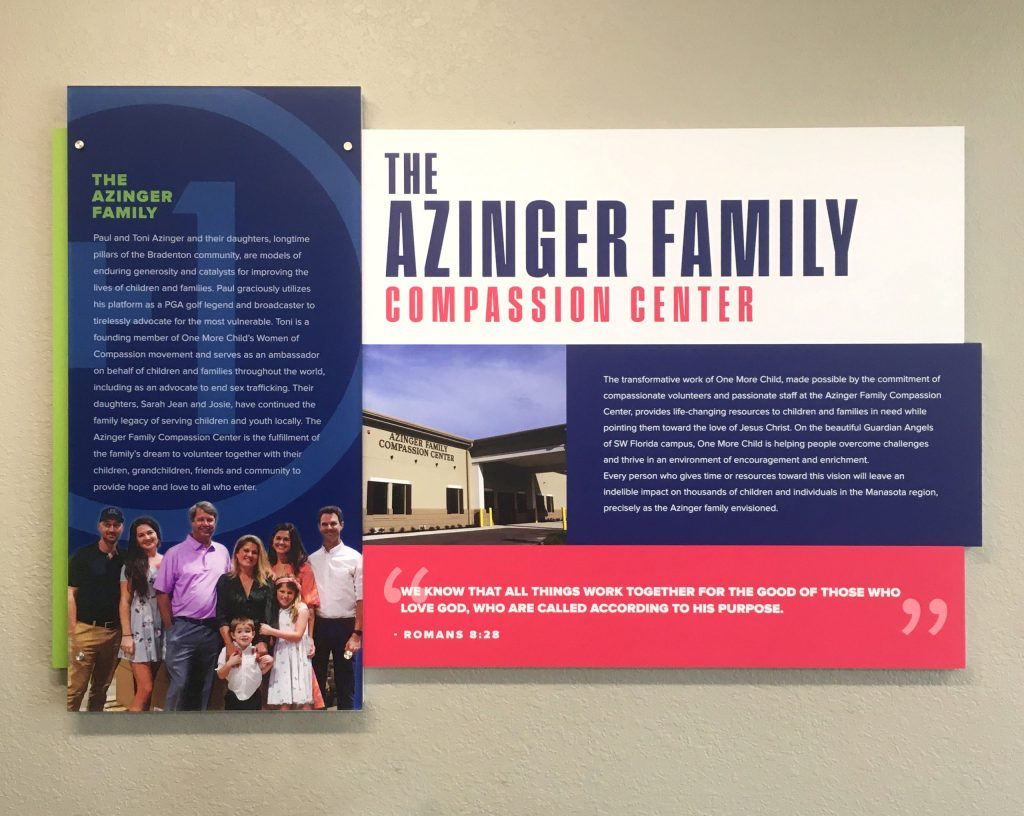 Azinger Family Compassion Center donor recognition wall with family portrait