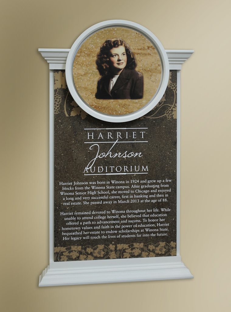 Harriet Johnson Auditorium recognition panel with portrait and biography