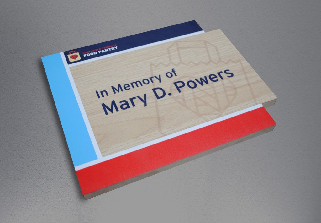 Memorial donor plaque in honor of Mary D. Powers at Northfield Township Food Pantry