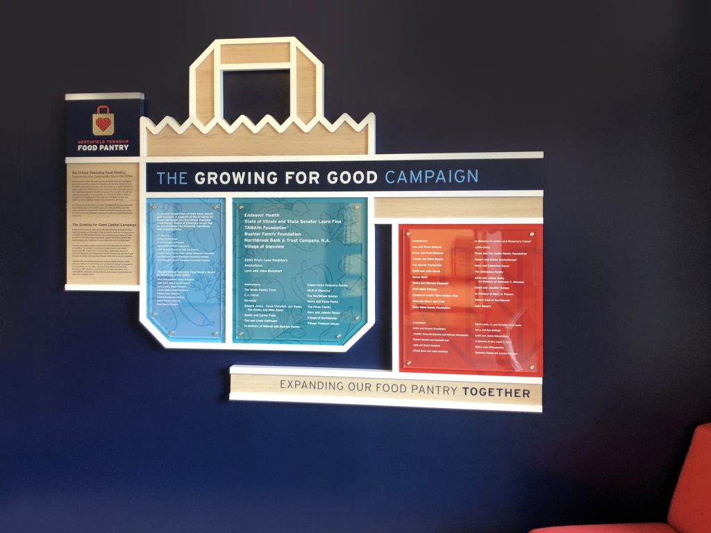Full campaign wall display showing modular donor panels, giving levels, and campaign narrative.