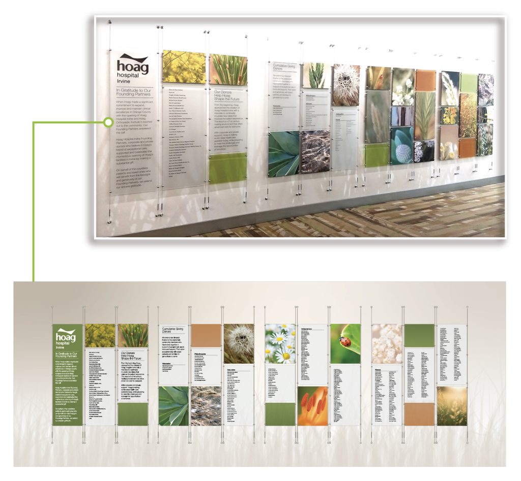 Hoag Hospital Irvine wire suspension display showing how a display can contain room for further growth by removing photos and replacing with name lists.