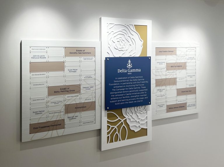The Delta Gamma Foundation partnered with Partners In Recognition to design cohesive donor walls, chapter recognition, and ADA-compliant signage. Unified design strengthens their mission and celebrates every donor.