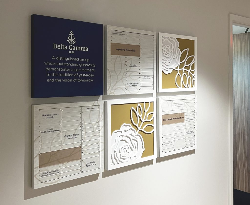 The Delta Gamma Foundation partnered with Partners In Recognition to design cohesive donor walls, chapter recognition, and ADA-compliant signage. Unified design strengthens their mission and celebrates every donor.