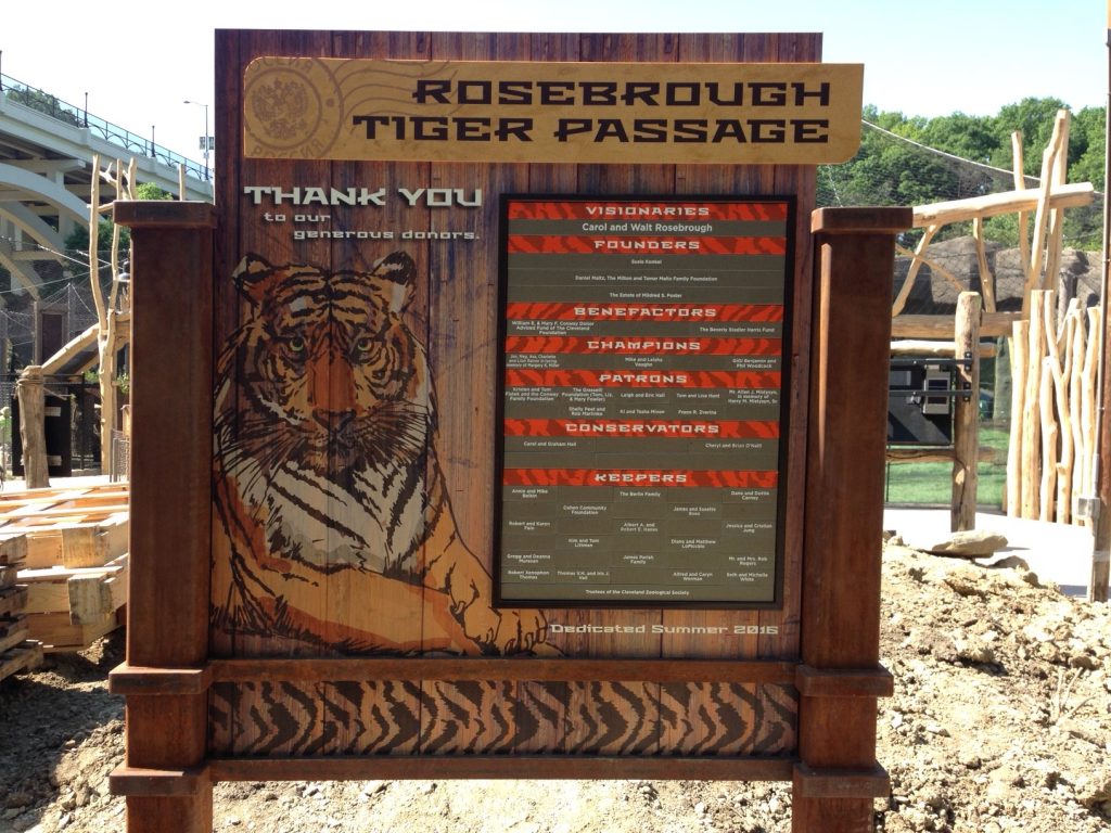 A freestanding outdoor donor wall is installed at the Cleveland Zoo.