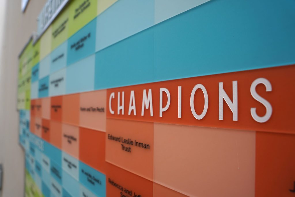 Outdoor donor display with changeable category name and nameplates.