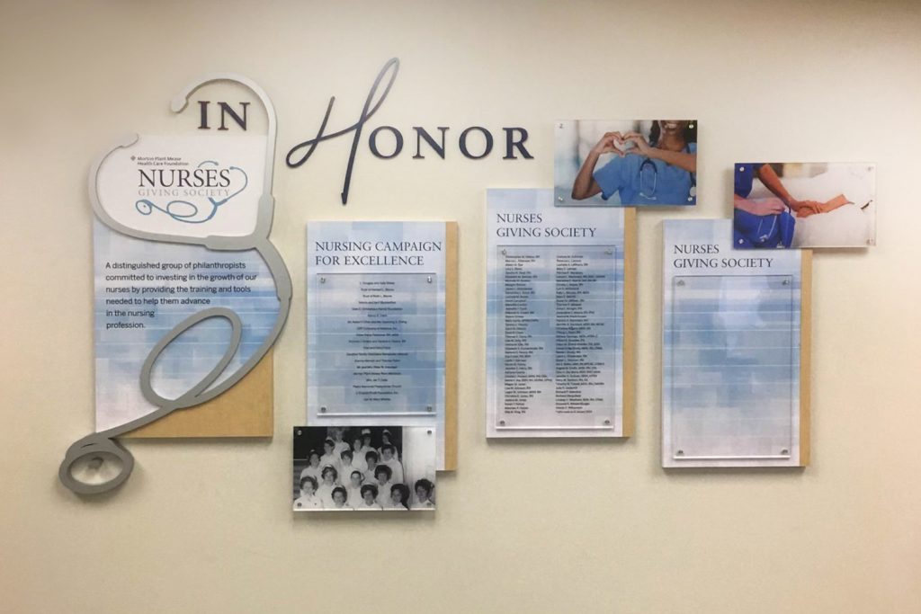 Expandable Employee Giving donor wall with several different healthcare recognition levels.