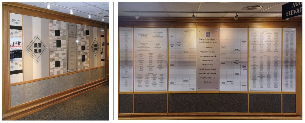 Refreshed donor wall display with new graphic panels and nameplates.
