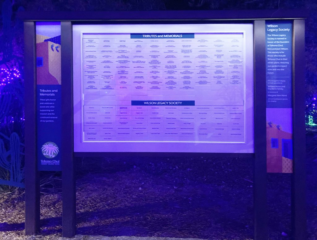 Outdoor donor recognition display at Tohono Chul botanical garden featuring Corten steel structure and Dark Sky compliant lighting.