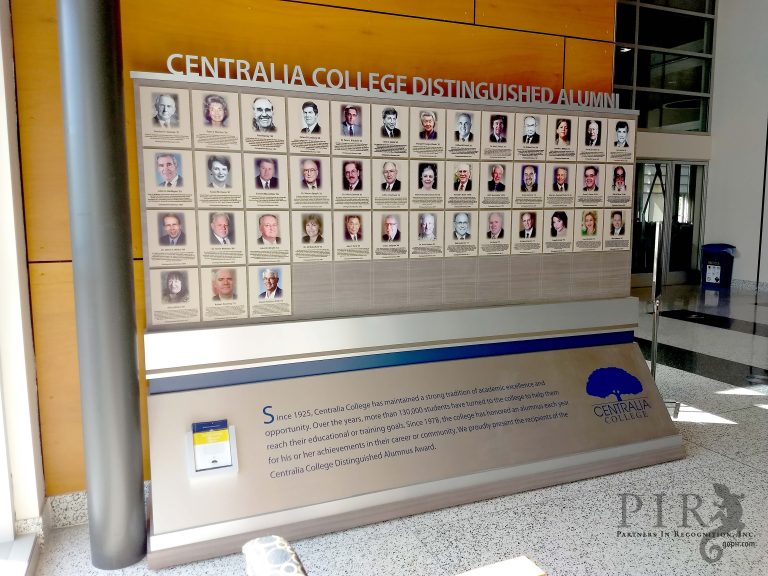 Freestanding alumni recognition solution for Centralia College Hall of Fame installed in campus lobby.