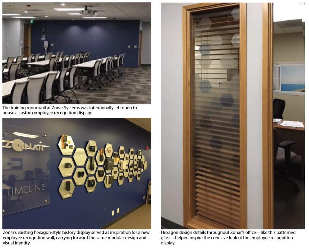 Collage of Zonar Systems office showing a training room wall reserved for a recognition display alongside hexagon-themed design elements used throughout the facility.
