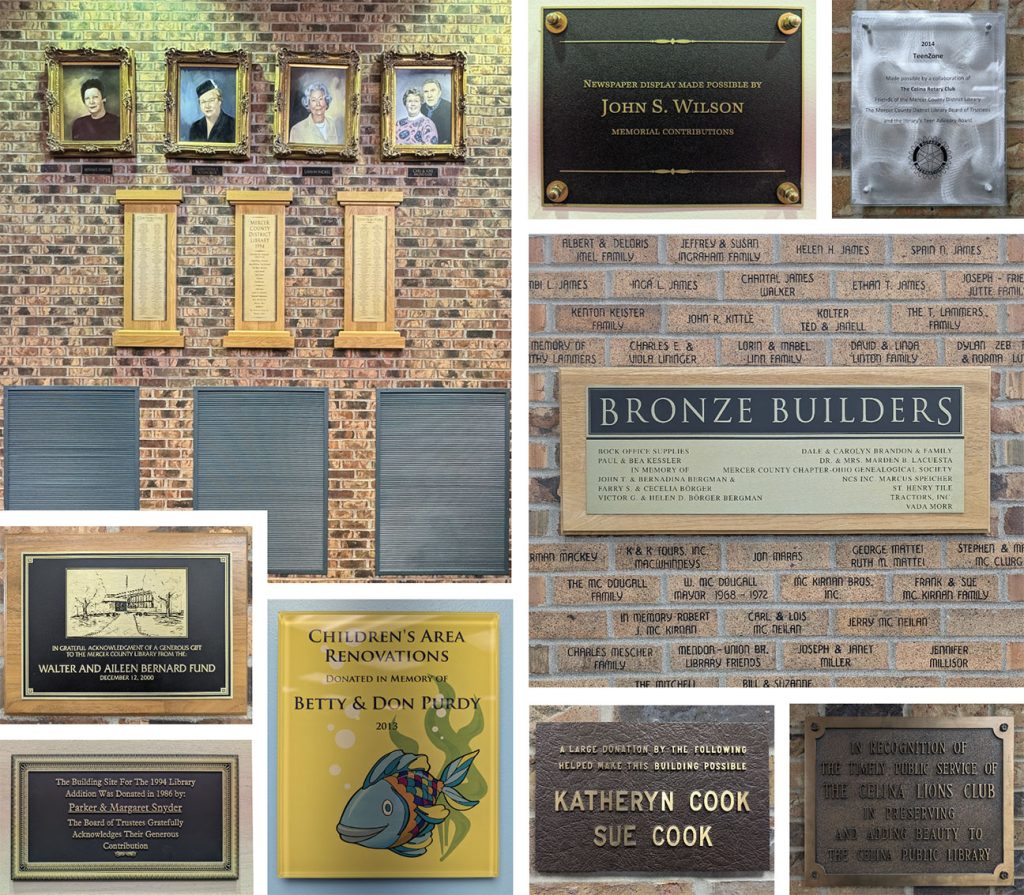 Examples of past donor recognition at Mercer County District Library including plaques, portraits, bricks, and engraved panels.