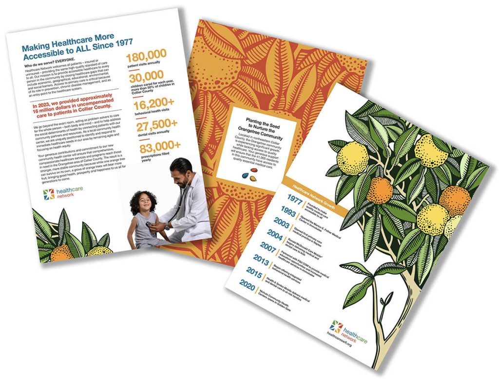 Healthcare Network campaign literature featuring orange tree fundraising campaign branding