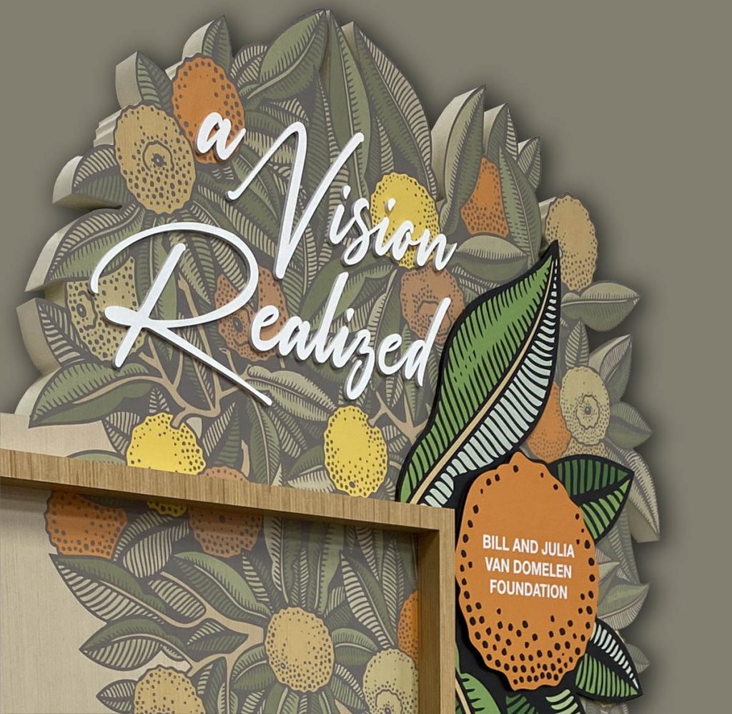 Dimensional graphics detail from healthcare donor recognition wall inspired by campaign branding