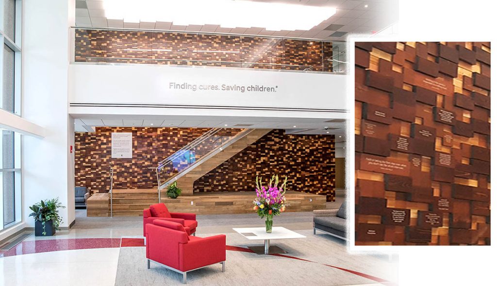 Large-scale donor recognition installation integrated into a healthcare facility's architectural environment.