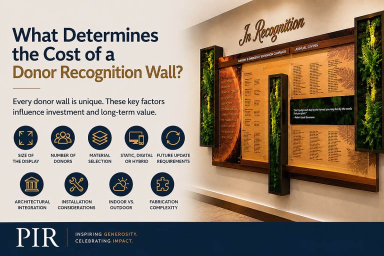 Custom donor recognition wall featuring dimensional wood elements, acrylic donor panels, and integrated display components illustrating factors that influence donor recognition wall cost.