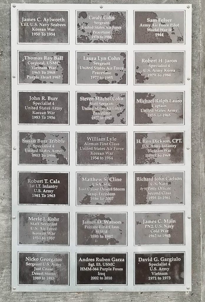 Close-up of deteriorated recognition plaques showing UV damage and fading.