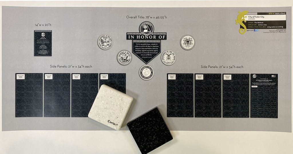 Design rendering for an outdoor veteran’s recognition wall with Corian® material samples.