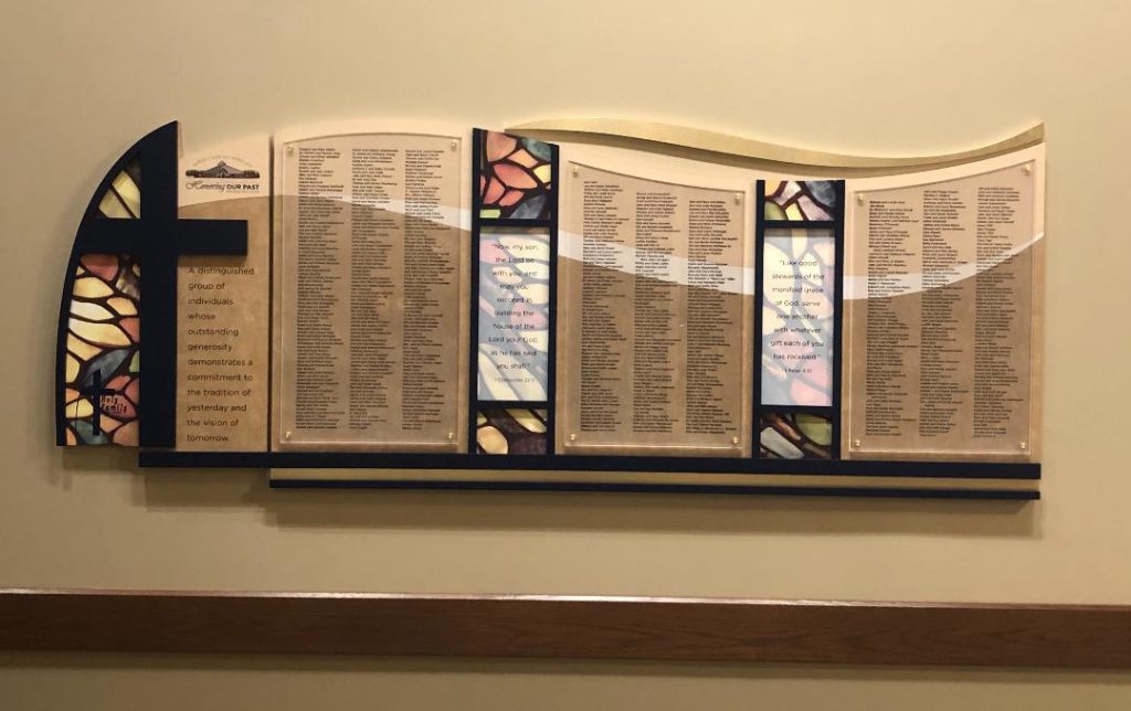 Christian donor recognition display for a church based organization