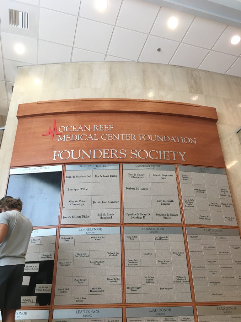 Original donor recognition display at Ocean Reef Medical Center before the donor recognition display expansion and addition of new donor nameplates.