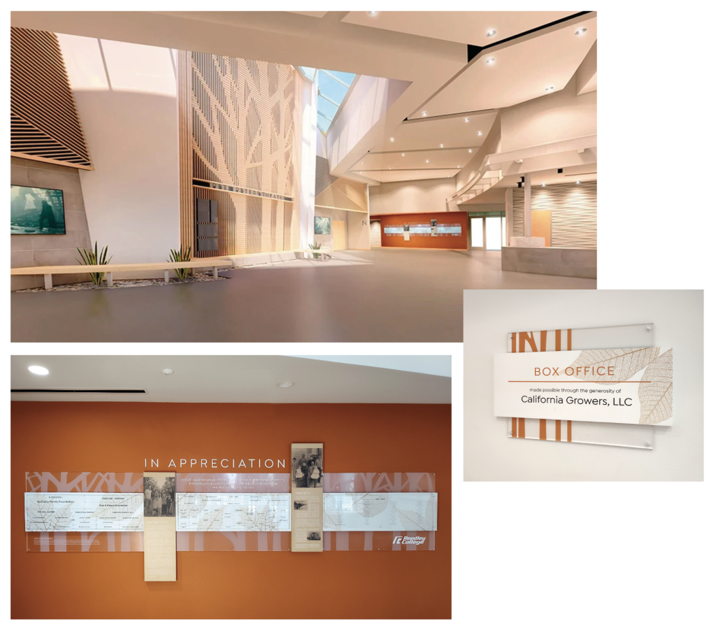 Reedley College donor wall and history wall along with named room plaques in a performing arts center.