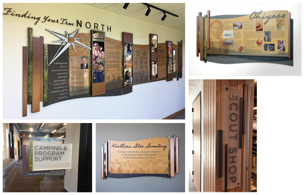 a cohesive array of donor recognition, history display, named room areas all within the same facility at boys scouts of america