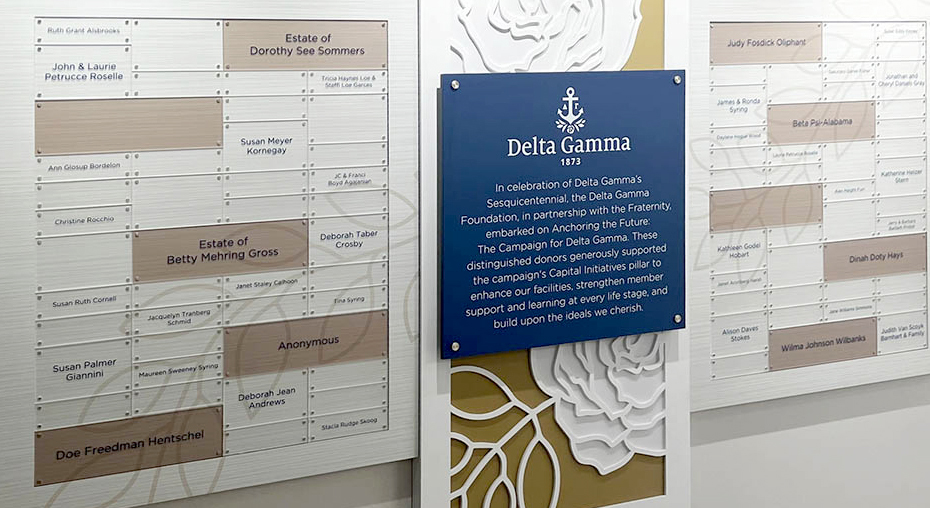 A recognition donor display for a capital campaign features a hierarchy of donor levels