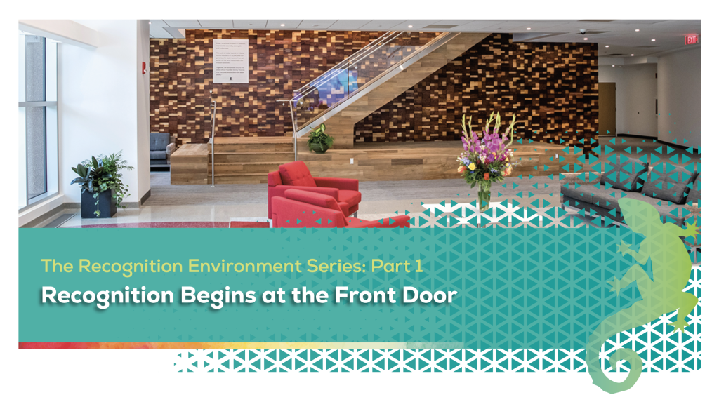environmental design space featuring a donor wall in central part of the entrance and lobby area
