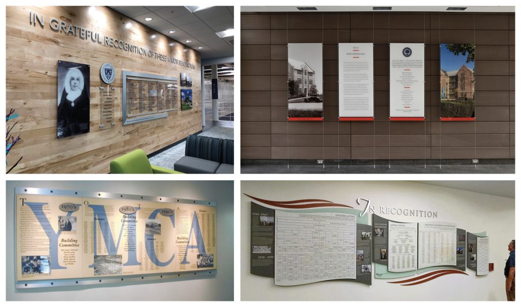 collage of history displays that combine timelines with donor recognition
