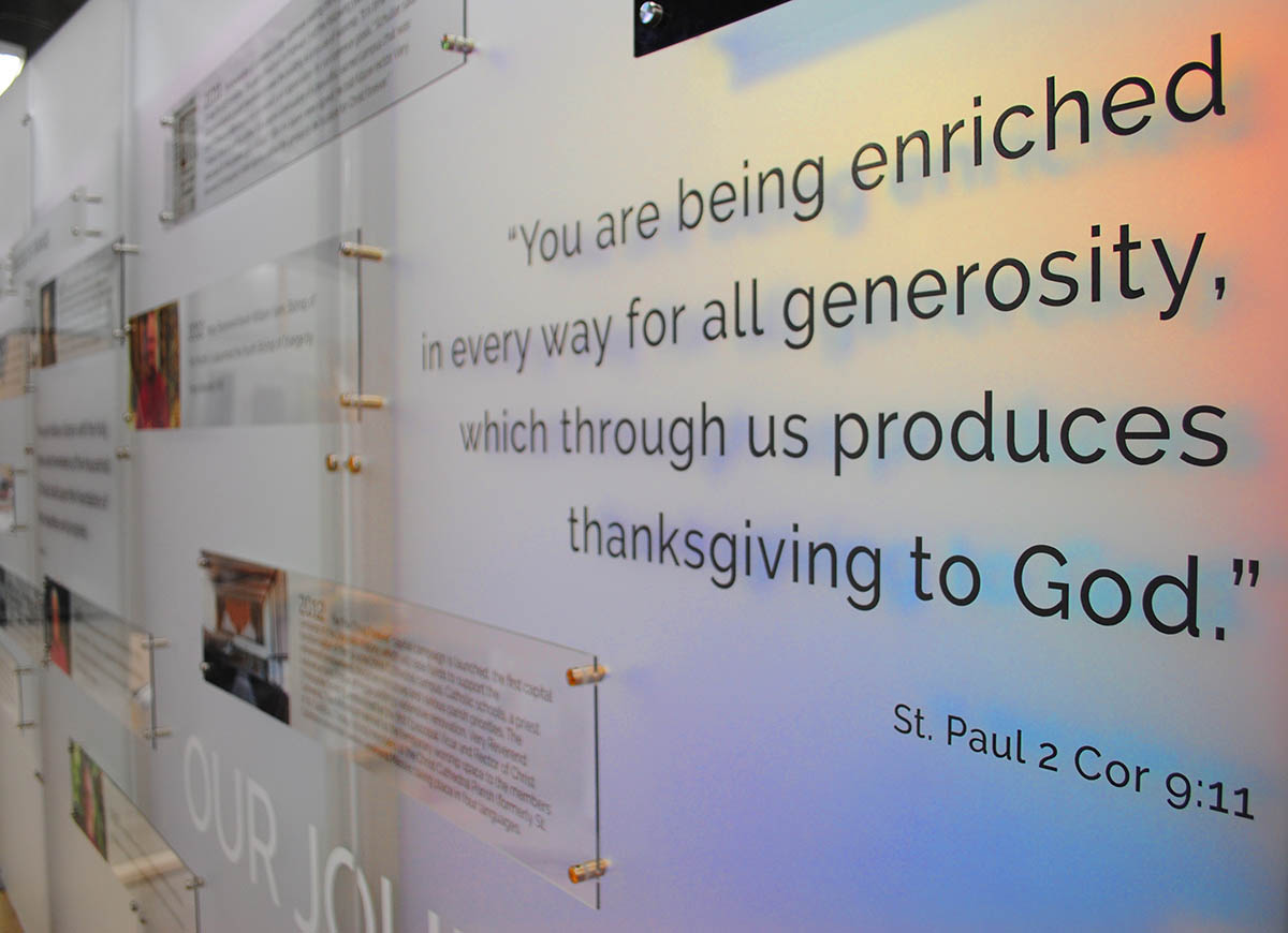 Religious, faith-based history display that includes donor recognition