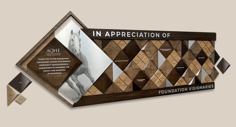 American Quarter Horse Foundation museum donor recognition wall with dimensional wood and metal MagTech nameplates.