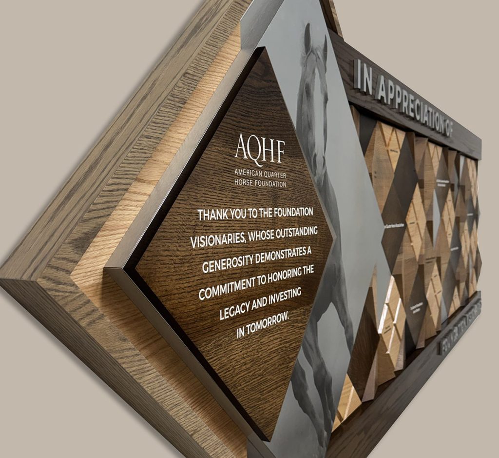 American Quarter Horse Foundation logo, donor message and equine image integrated into the museum donor recognition wall.