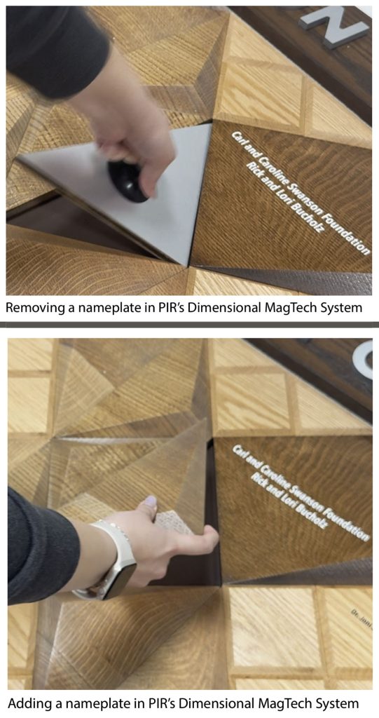 PIR Dimensional MagTech donor nameplate being removed and replaced on a custom donor recognition wall.