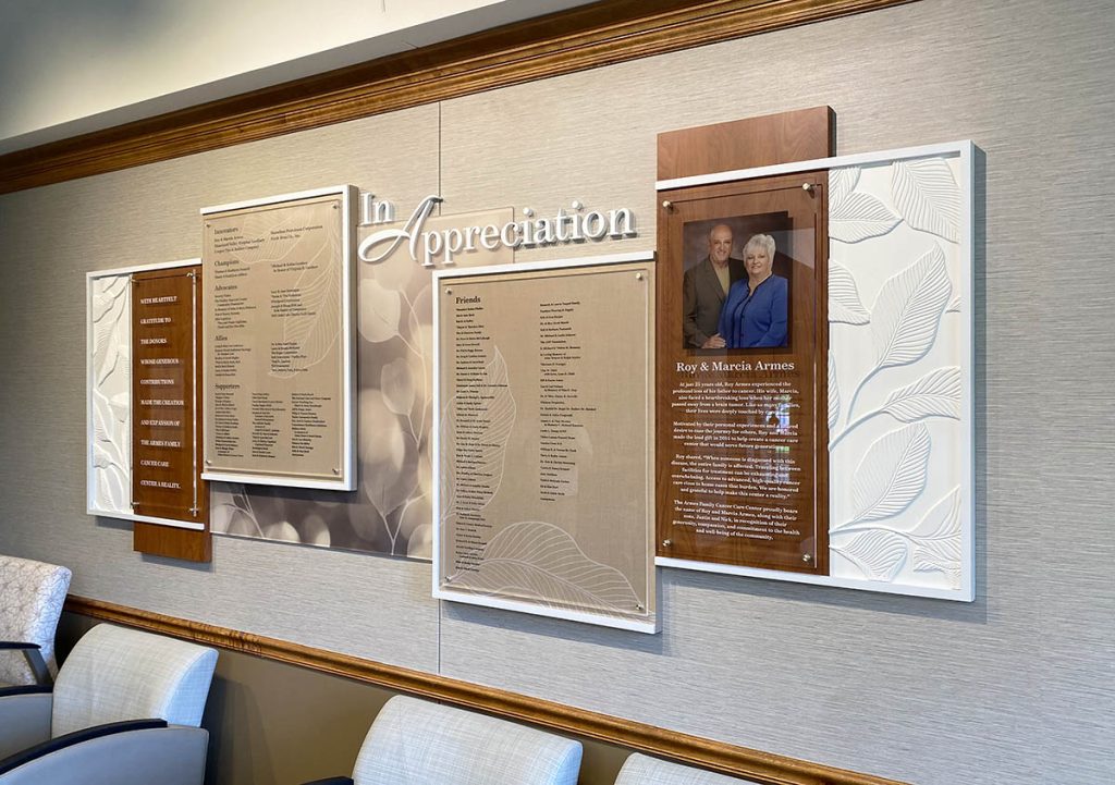 A capital campaign donor recognition display that shows major donors and changeable donor lists for easy updating.