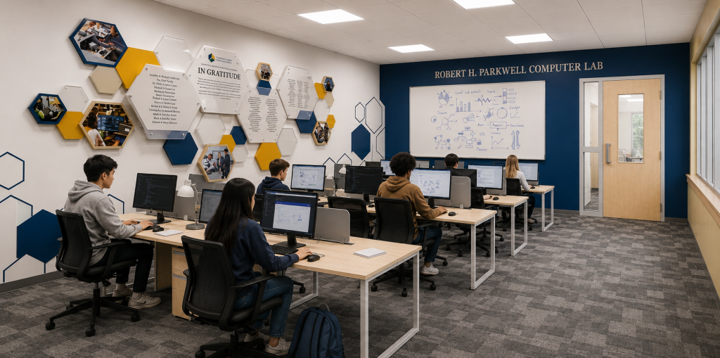 Experiential donor recognition display incorporated into an educational computer lab.