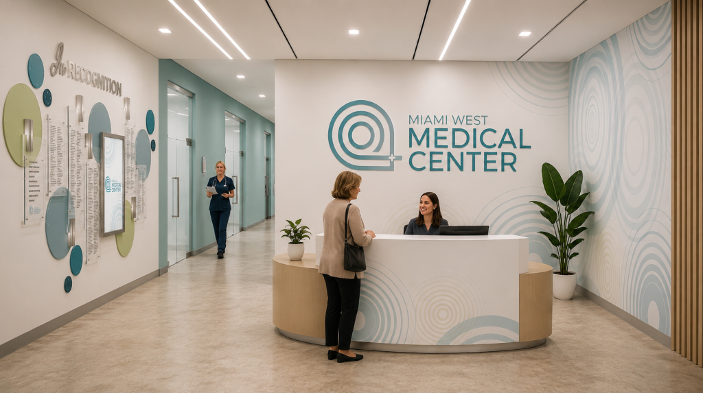Experiential donor recognition display throughout a medical centers lobby and reception area.