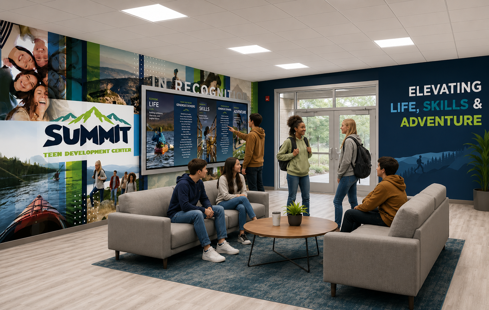 A teen community center lobby that shows experiential donor recognition with custom wallpaper and a digital monitor.