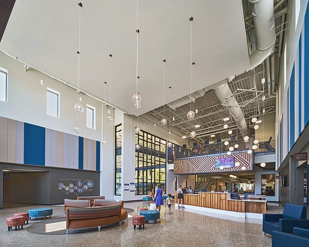 Greater Midland Community Center lobby with community center donor recognition display.