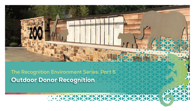 Outdoor donor recognition display at entrance of a zoo recognizing a capital campaign.