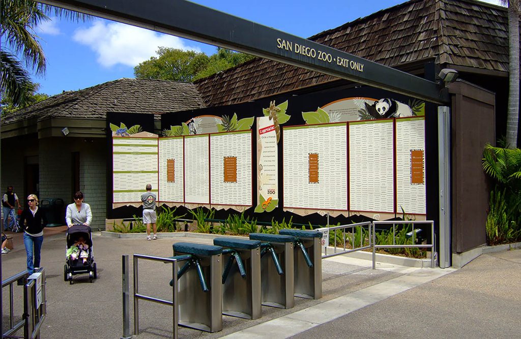 Outdoor donor recognition installed at the entrance of the San Diego Zoo spotlighting their capital campaign donors.
