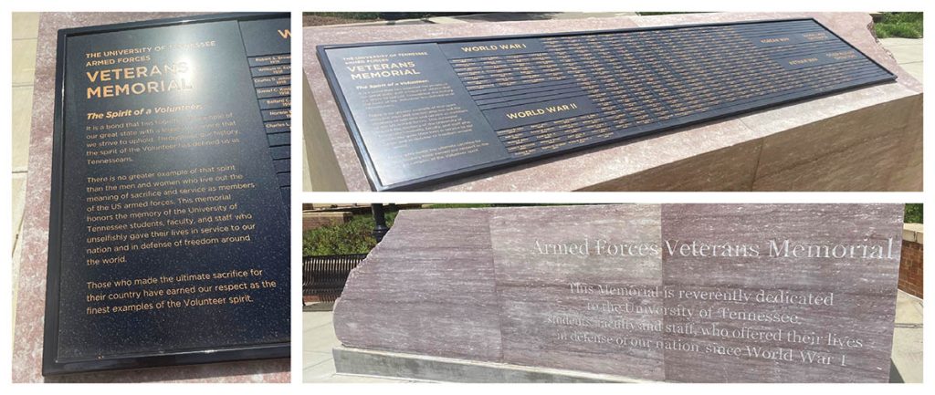 Outdoor veterans memorial freestanding display at the University of Tennessee.