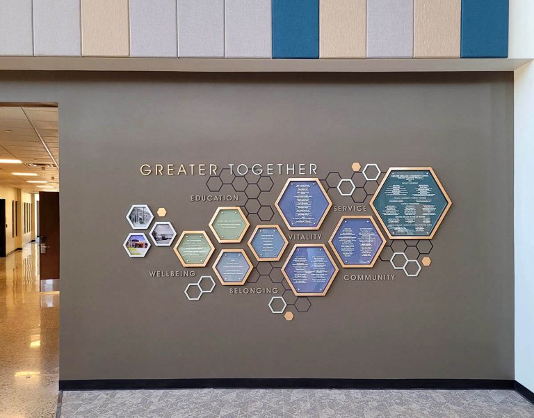 Community center donor recognition display at Greater Midland Community Center featuring dimensional hexagonal donor panels, Clear Change acrylic recognition panels, and Greater Together campaign messaging.